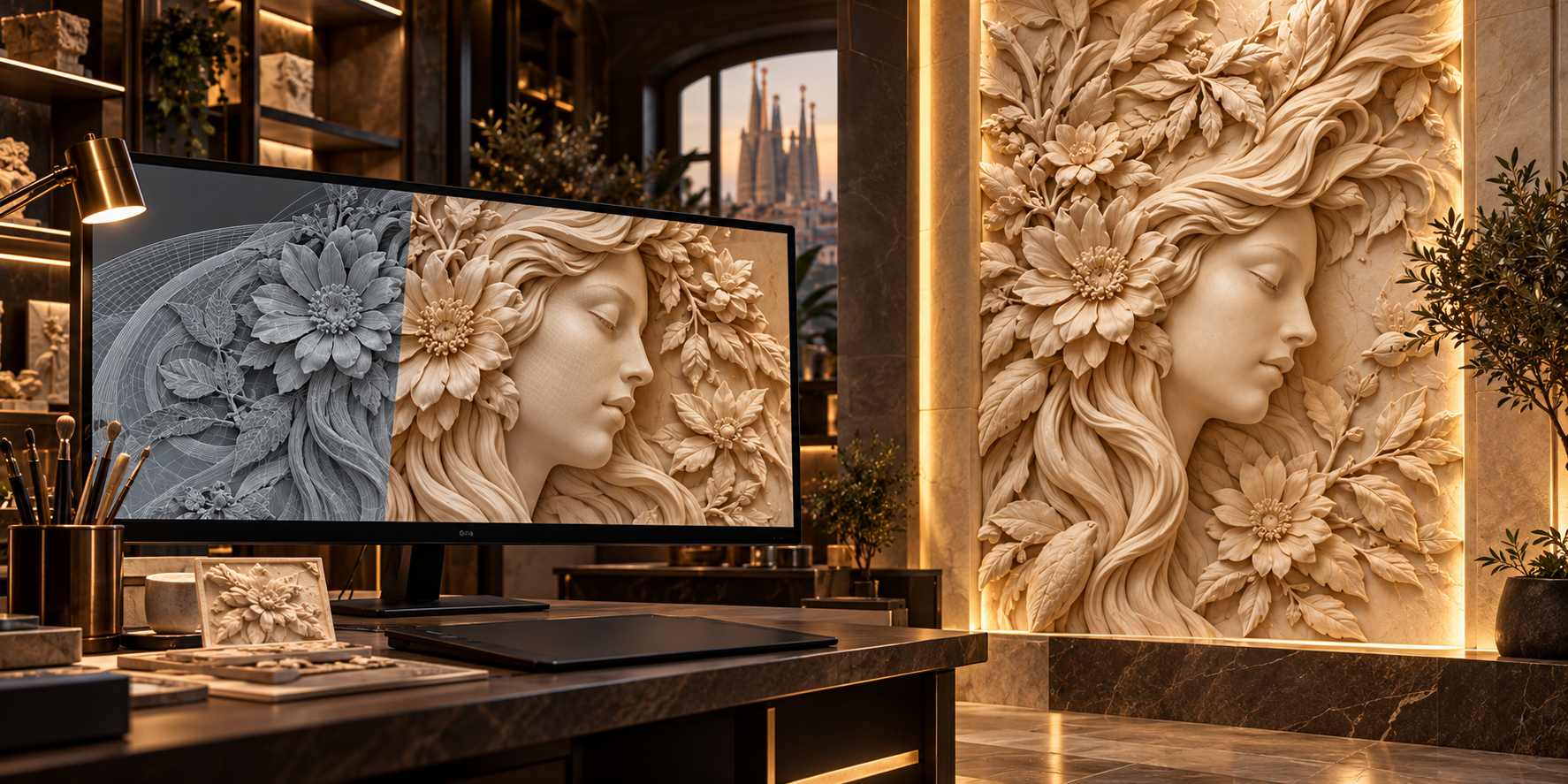 Digital 3D model and completed artistic wall relief
