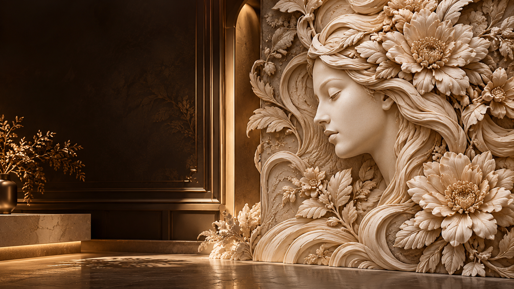 Sculptural floral bas-relief in a refined interior